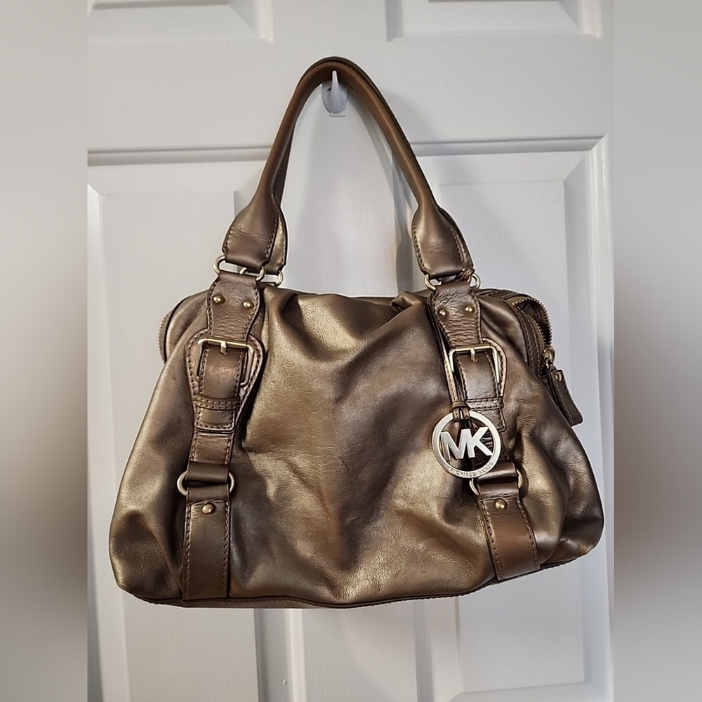 Michael Kors Fulton Metallic Dark Grey Leather Top Handle Bowler Bag Pur… - Picture 14 of 16